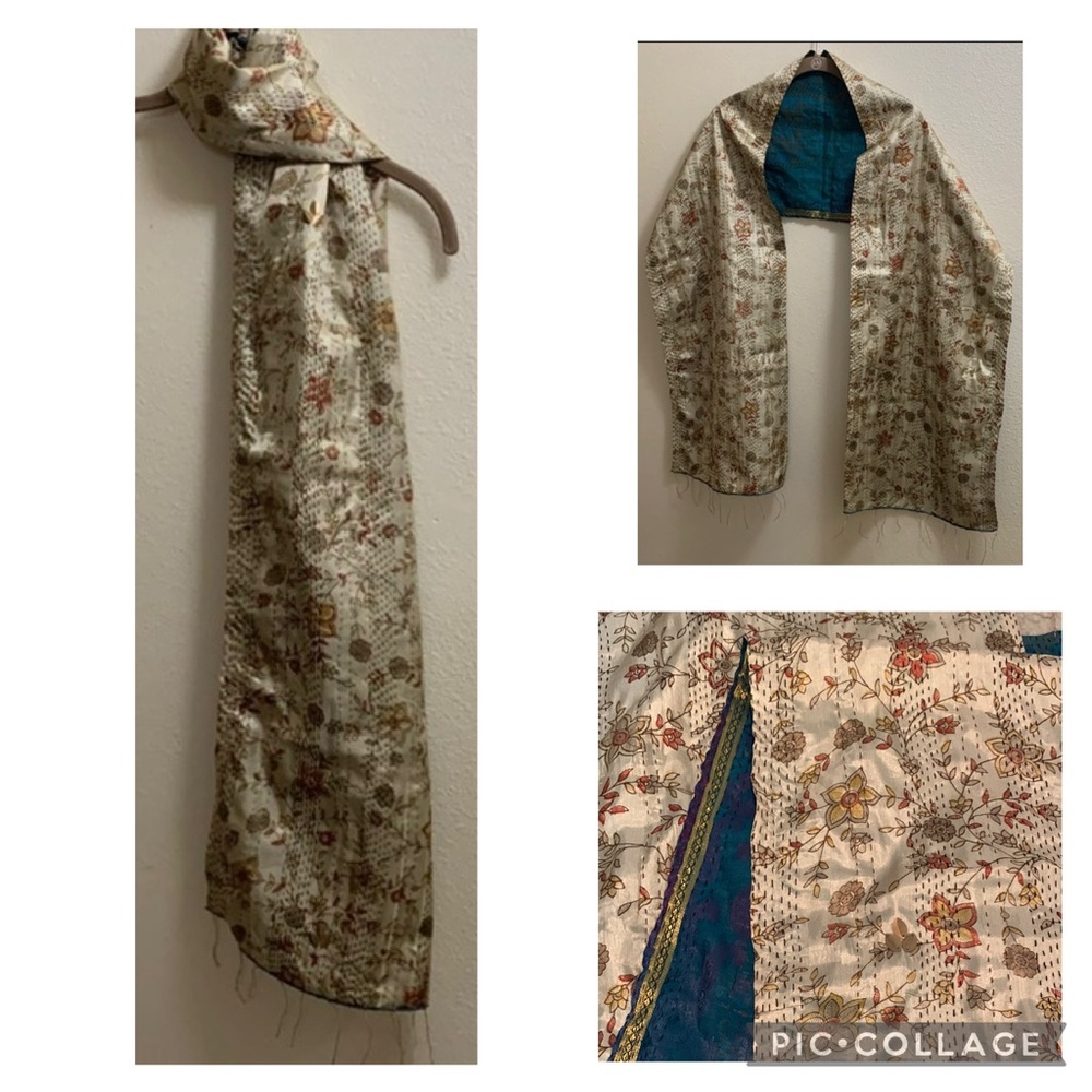 Vintage Handmade Floral Tapestry Scarf Shawl Wrap Gold Discs Boho Blue Cream